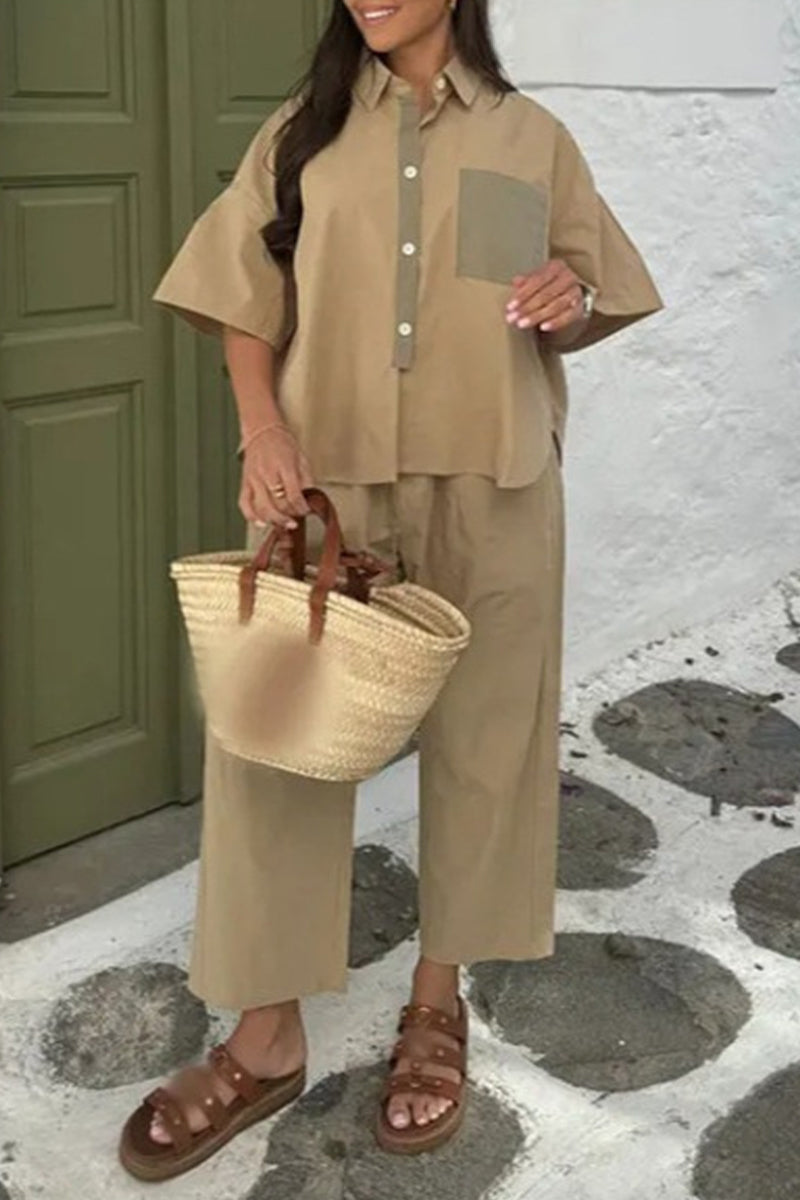 Conjunto informal de dos piezas con cuello vuelto, manga corta, color sólido, bolsillos, patchwork y contraste