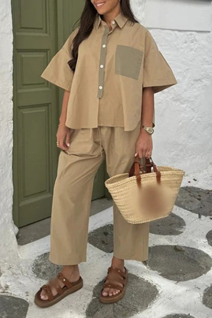 Conjunto informal de dos piezas con cuello vuelto, manga corta, color sólido, bolsillos, patchwork y contraste