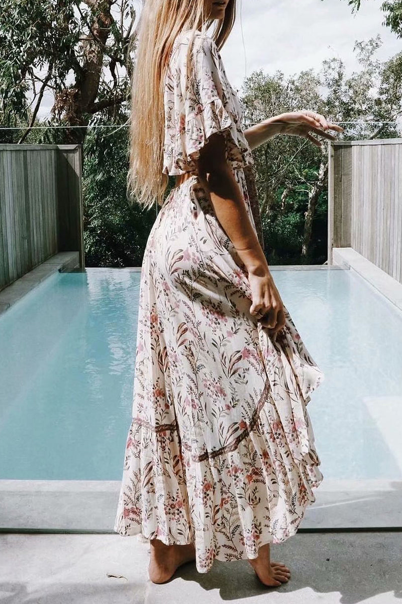 Vestidos sexis de vacaciones con estampado floral, calados, con cordones y cuello en V irregulares