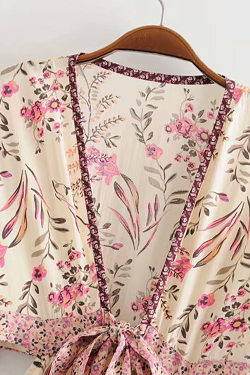 Vestidos sexis de vacaciones con estampado floral, calados, con cordones y cuello en V irregulares