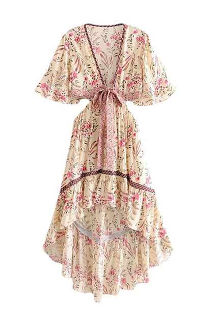 Vestidos sexis de vacaciones con estampado floral, calados, con cordones y cuello en V irregulares