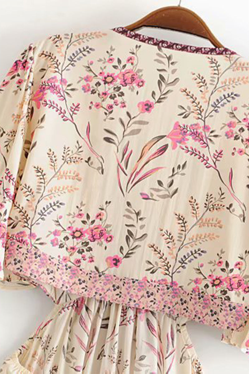 Vestidos sexis de vacaciones con estampado floral, calados, con cordones y cuello en V irregulares