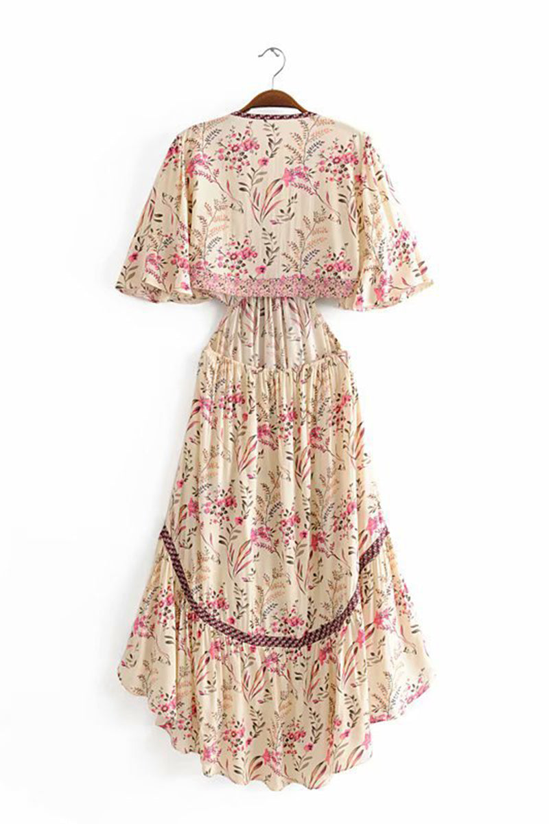 Vestidos sexis de vacaciones con estampado floral, calados, con cordones y cuello en V irregulares