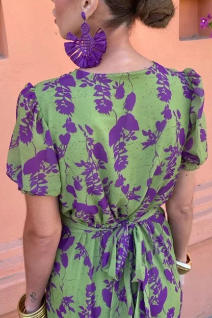 Vestidos sexis de corte A con escote en V fruncido y encaje con estampado floral