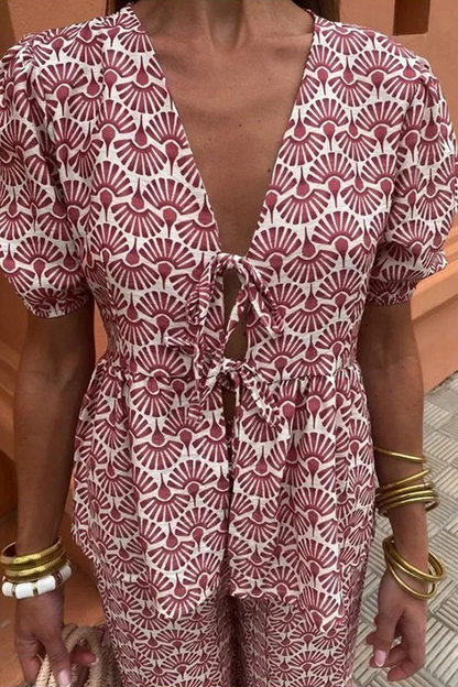 Conjunto informal de dos piezas con cuello en V, manga corta y cordones para uso diario