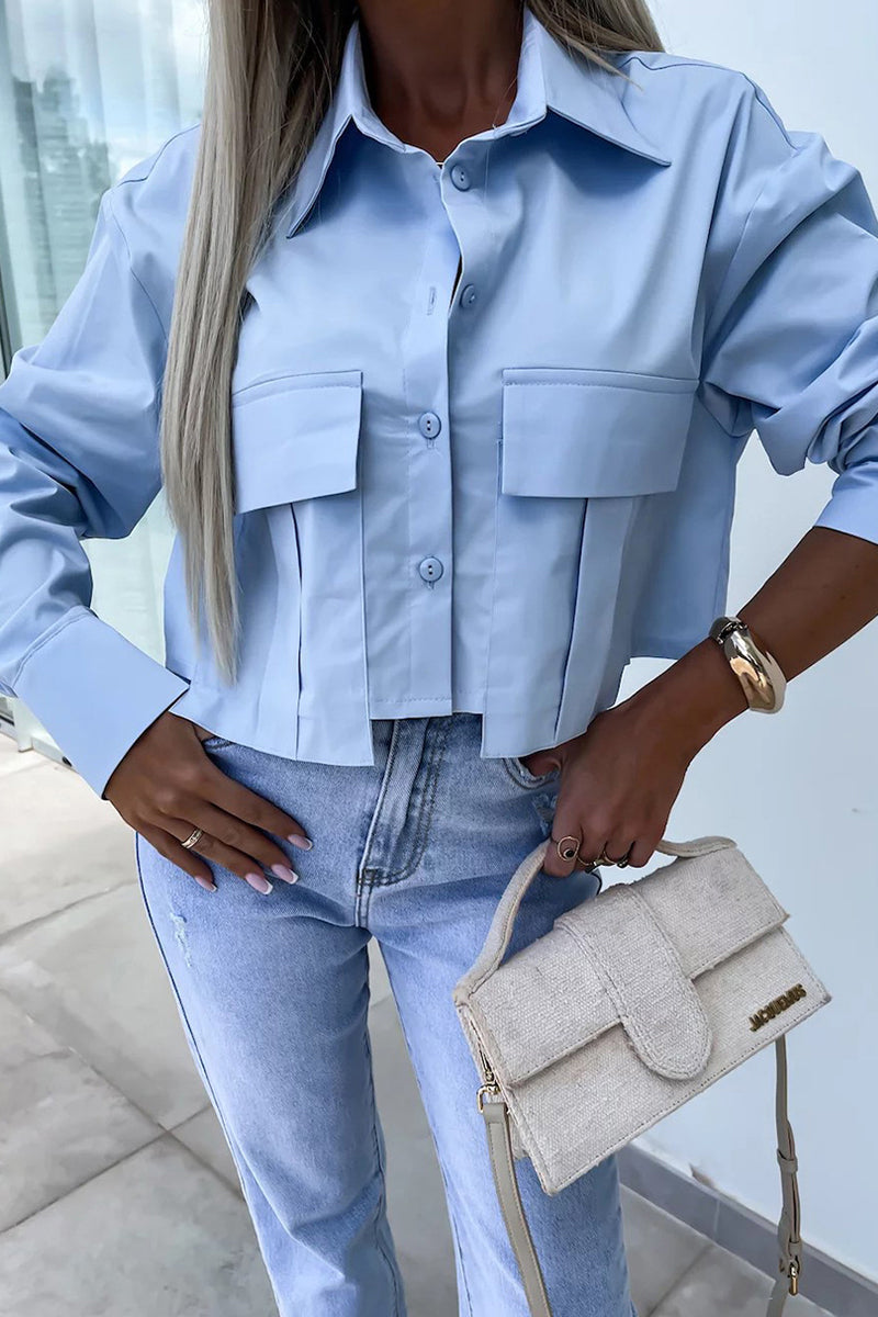 Blusa informal de cuello camisero con botones y patchwork de color liso para uso diario (3 colores)