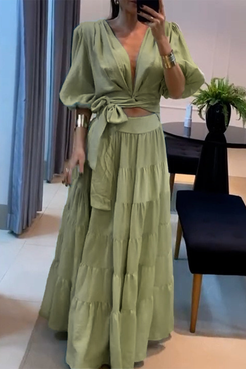 Conjunto de dos piezas sexy de diario con encaje, escote en V fruncido y media manga, color sólido