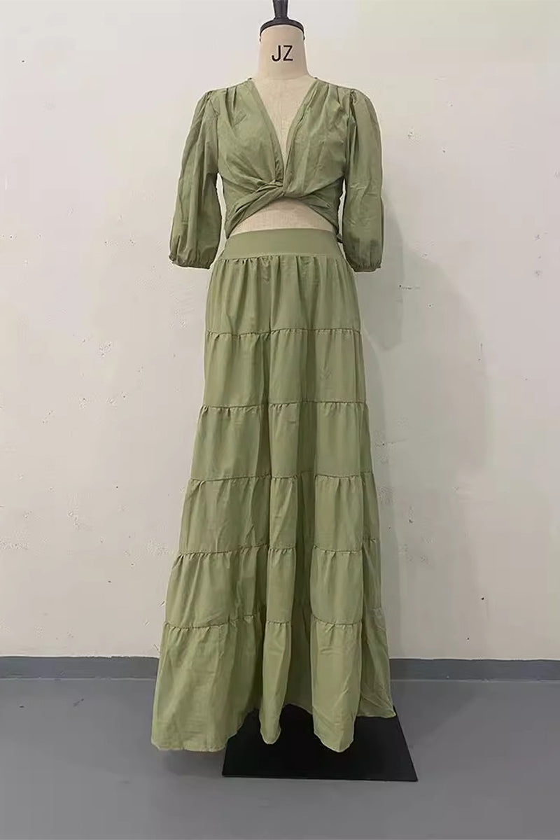 Conjunto de dos piezas sexy de diario con encaje, escote en V fruncido y media manga, color sólido