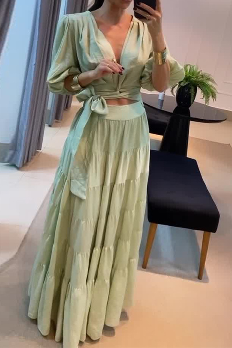 Conjunto de dos piezas sexy de diario con encaje, escote en V fruncido y media manga, color sólido