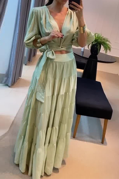 Conjunto de dos piezas sexy de diario con encaje, escote en V fruncido y media manga, color sólido