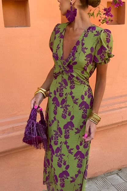 Vestidos sexis de corte A con escote en V fruncido y encaje con estampado floral