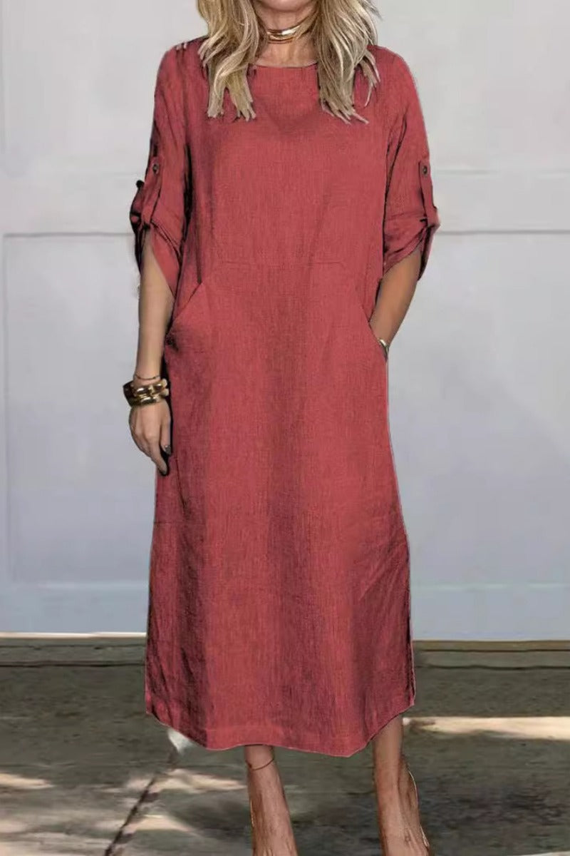 Vestidos largos casuales de color sólido con bolsillos y cuello redondo (7 colores)