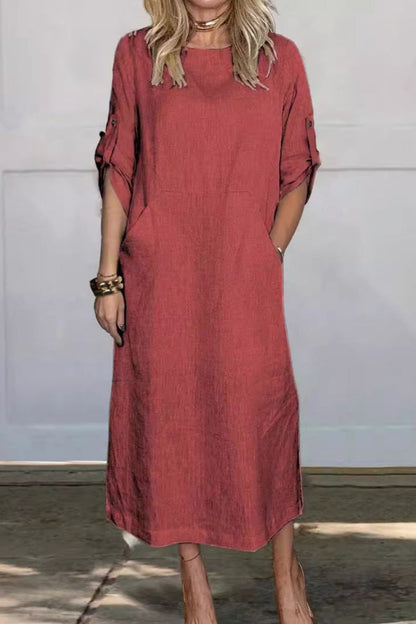 Vestidos largos casuales de color sólido con bolsillos y cuello redondo (7 colores)