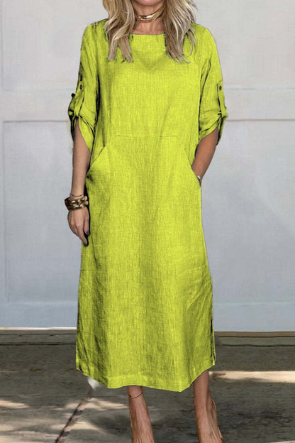 Vestidos largos casuales de color sólido con bolsillos y cuello redondo (7 colores)