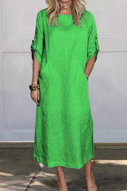 Vestidos largos casuales de color sólido con bolsillos y cuello redondo (7 colores)