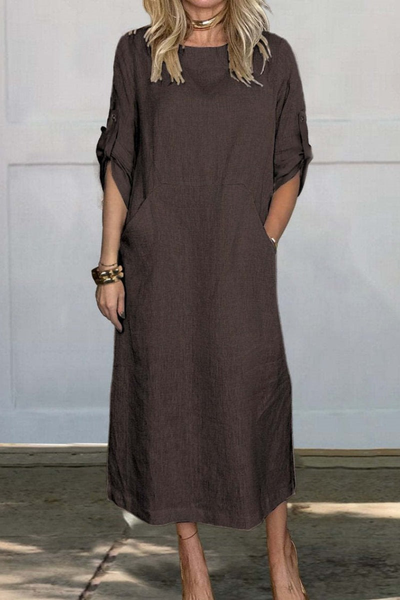Vestidos largos casuales de color sólido con bolsillos y cuello redondo (7 colores)