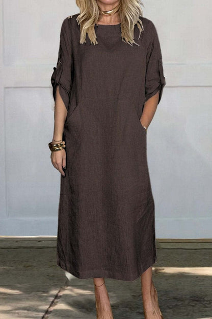 Vestidos largos casuales de color sólido con bolsillos y cuello redondo (7 colores)