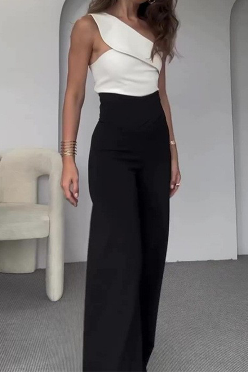 Celebridades casuales de color sólido cuello oblicuo sin mangas de dos piezas