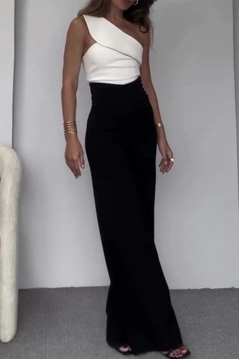 Celebridades casuales de color sólido cuello oblicuo sin mangas de dos piezas