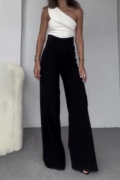 Celebridades casuales de color sólido cuello oblicuo sin mangas de dos piezas