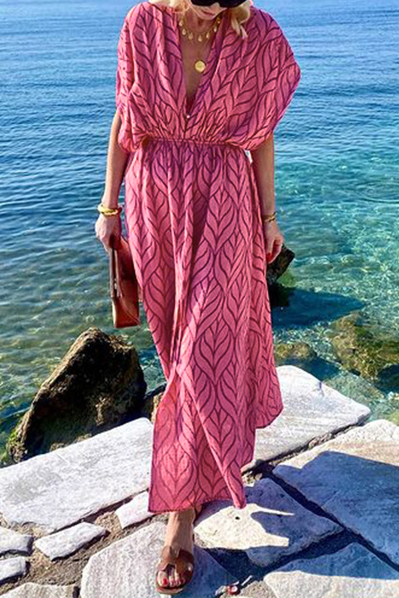 Vestidos casuales de vacaciones con estampado geométrico y abertura con cuello en V irregular