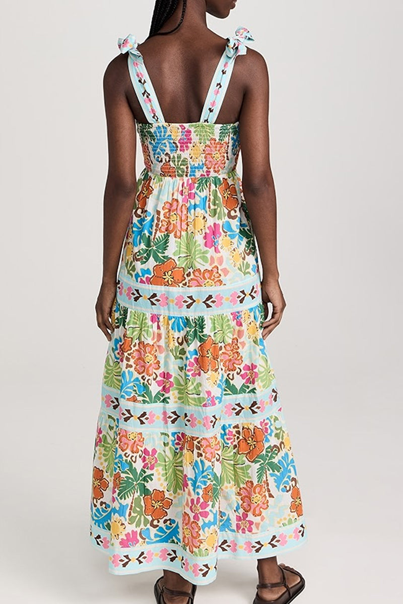 Vestidos largos con cuello cuadrado y diseño de patchwork con tirantes y espalda descubierta con estampado de celebridades