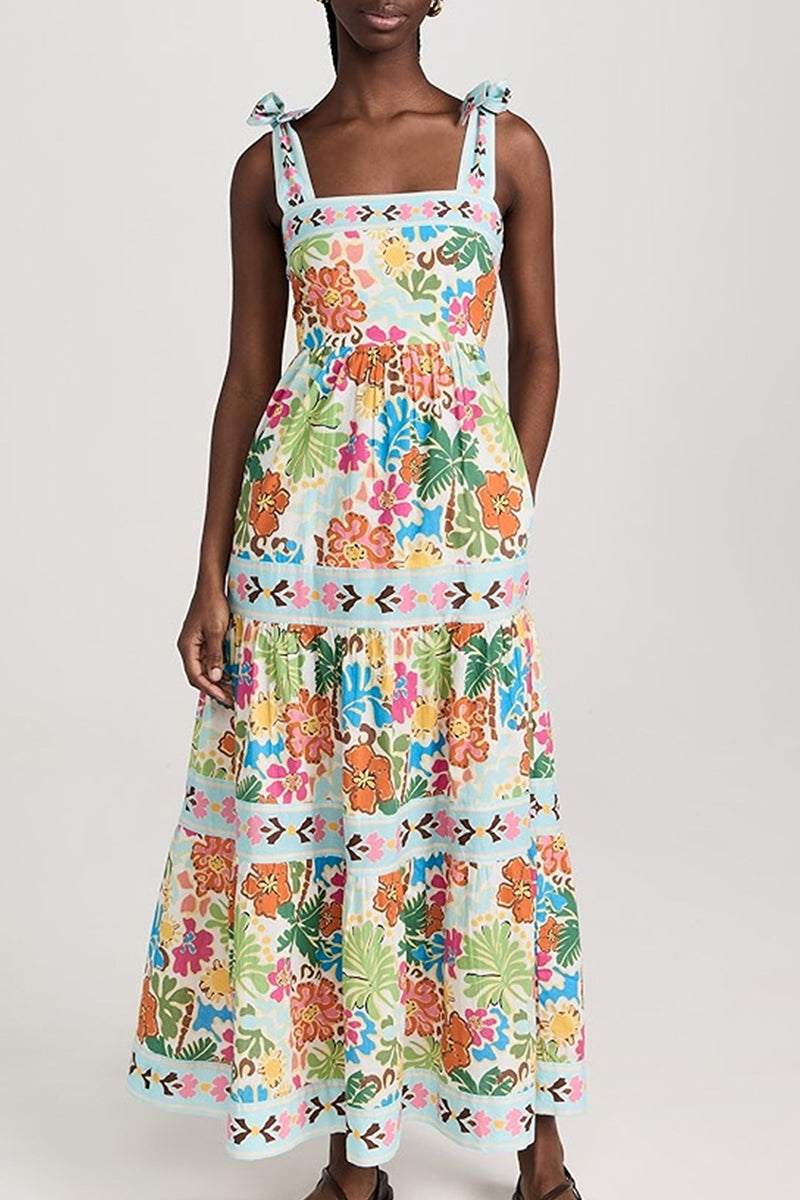 Vestidos largos con cuello cuadrado y diseño de patchwork con tirantes y espalda descubierta con estampado de celebridades