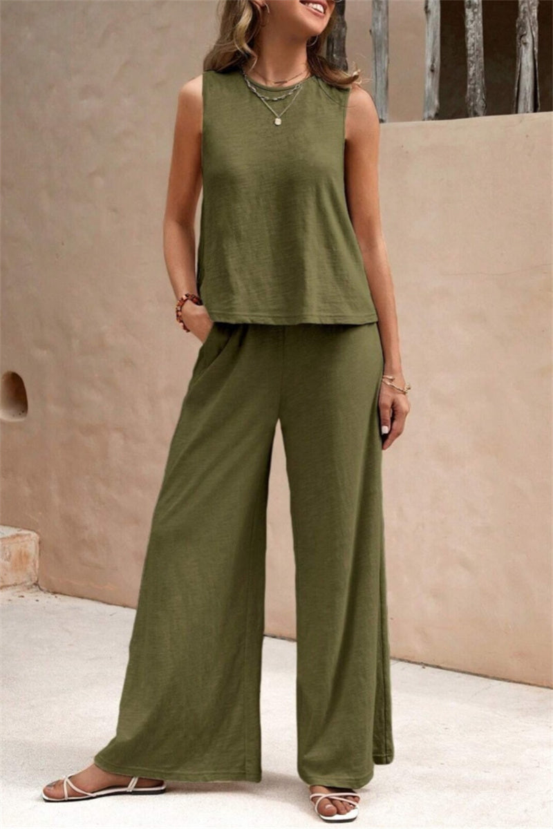 Conjunto informal de dos piezas, color liso, básico, cuello redondo, sin mangas (5 colores)