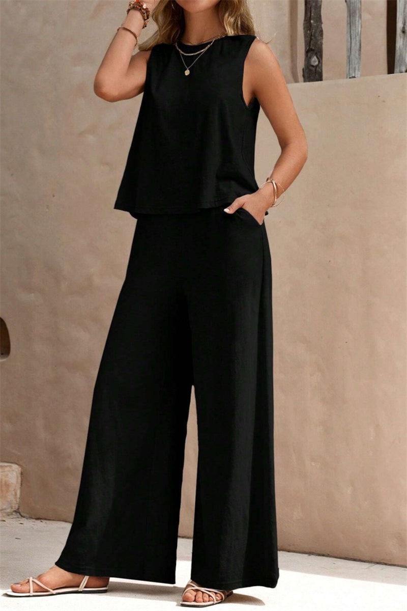 Conjunto informal de dos piezas, color liso, básico, cuello redondo, sin mangas (5 colores)