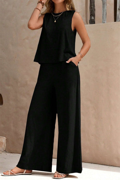 Conjunto informal de dos piezas, color liso, básico, cuello redondo, sin mangas (5 colores)