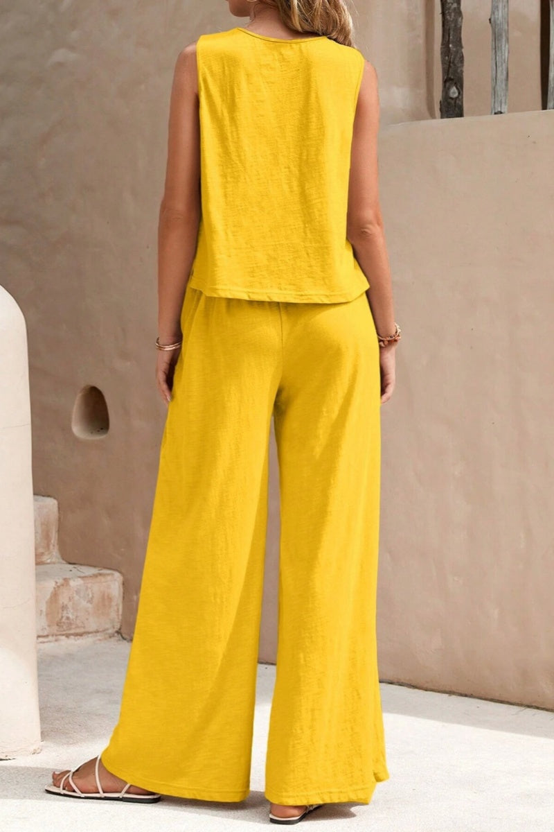 Conjunto informal de dos piezas, color liso, básico, cuello redondo, sin mangas (5 colores)