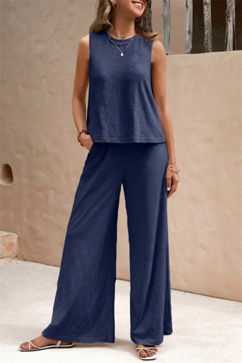 Conjunto informal de dos piezas, color liso, básico, cuello redondo, sin mangas (5 colores)