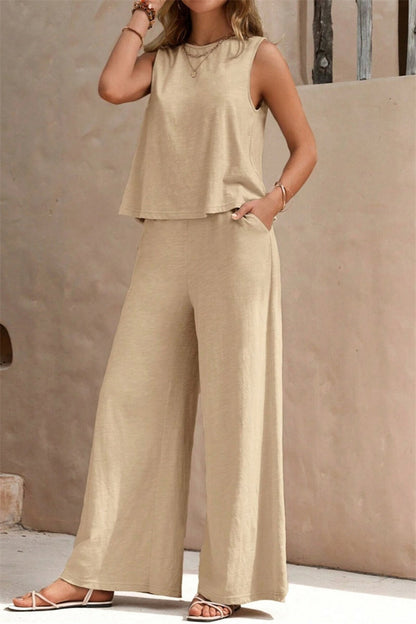 Conjunto informal de dos piezas, color liso, básico, cuello redondo, sin mangas (5 colores)