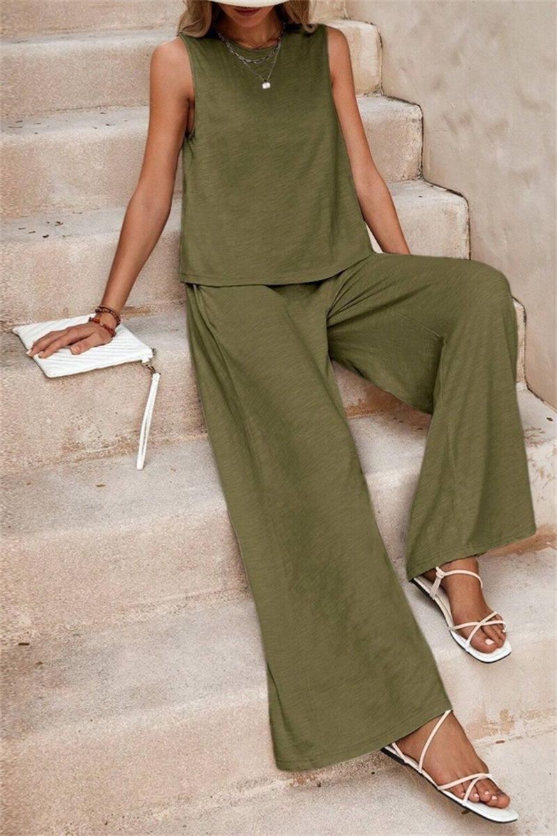 Conjunto informal de dos piezas, color liso, básico, cuello redondo, sin mangas (5 colores)