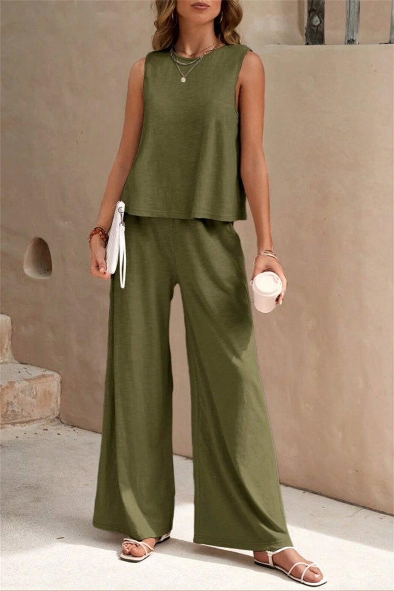 Conjunto informal de dos piezas, color liso, básico, cuello redondo, sin mangas (5 colores)
