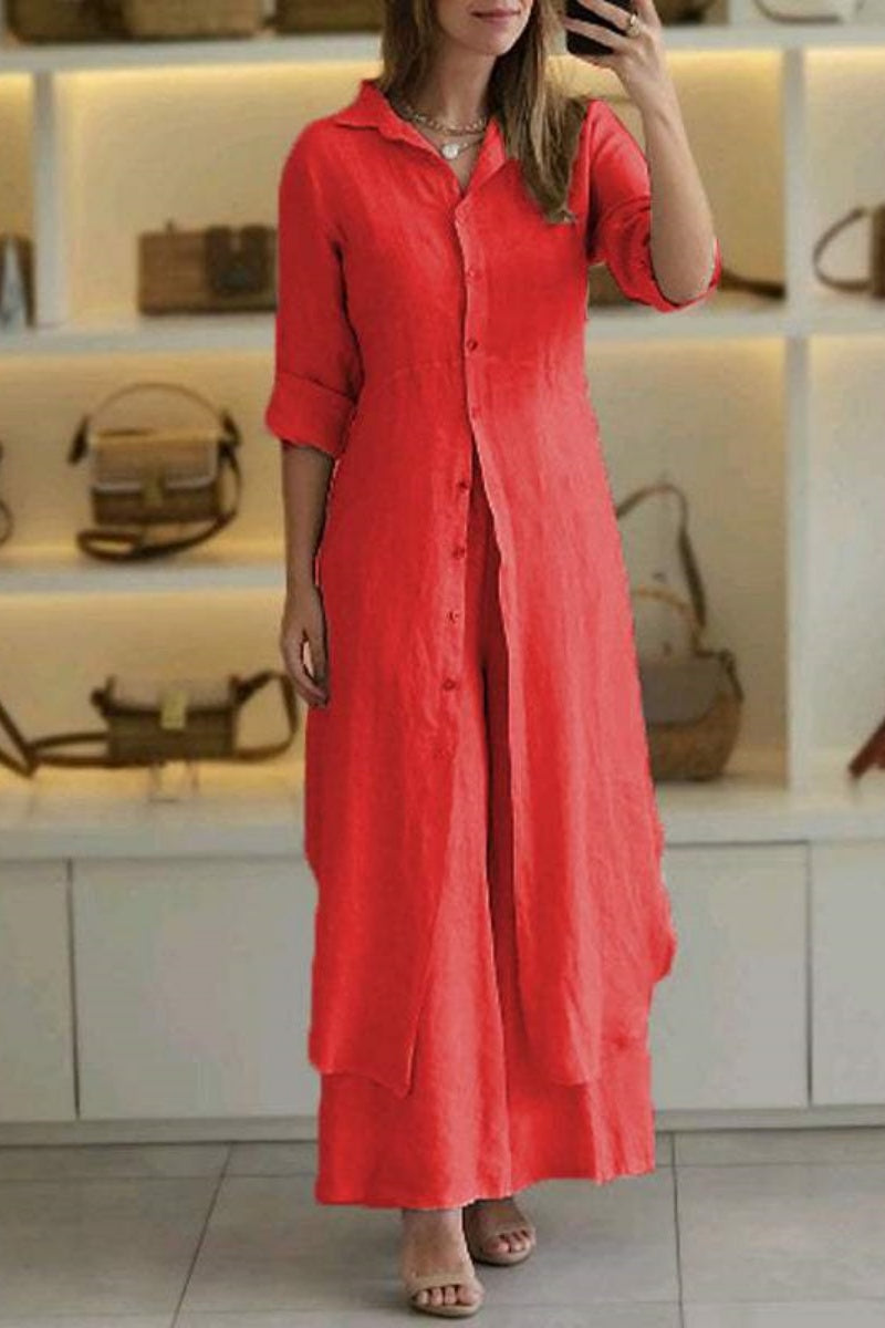 Camisa informal de dos piezas con botones de color liso, cuello alto y manga larga (7 colores)