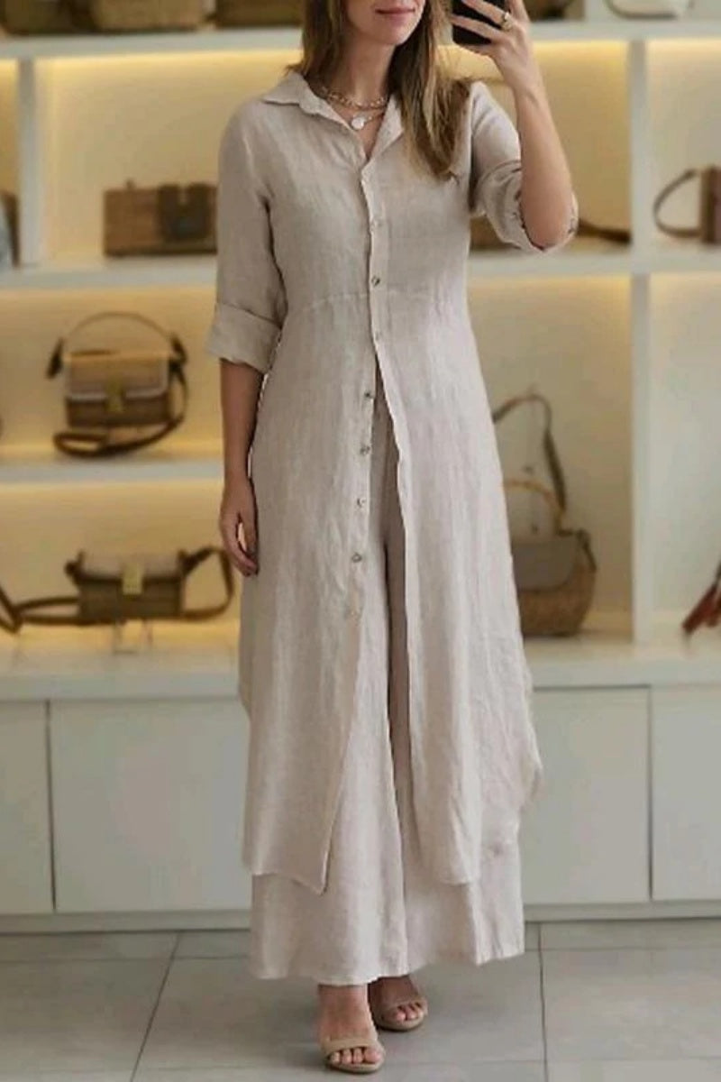 Camisa informal de dos piezas con botones de color liso, cuello alto y manga larga (7 colores)