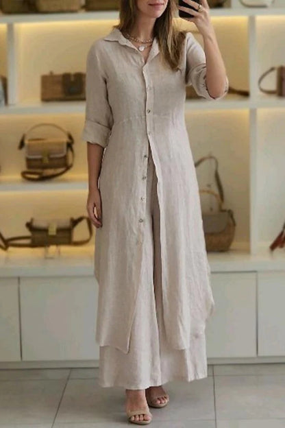 Camisa informal de dos piezas con botones de color liso, cuello alto y manga larga (7 colores)