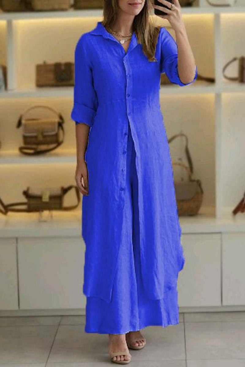 Camisa informal de dos piezas con botones de color liso, cuello alto y manga larga (7 colores)