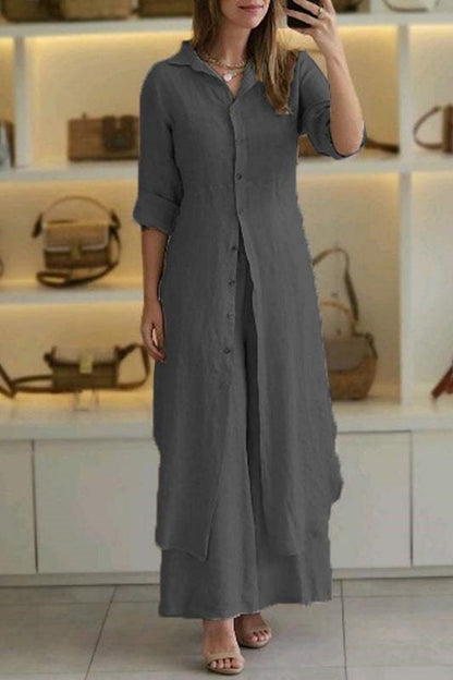 Camisa informal de dos piezas con botones de color liso, cuello alto y manga larga (7 colores)