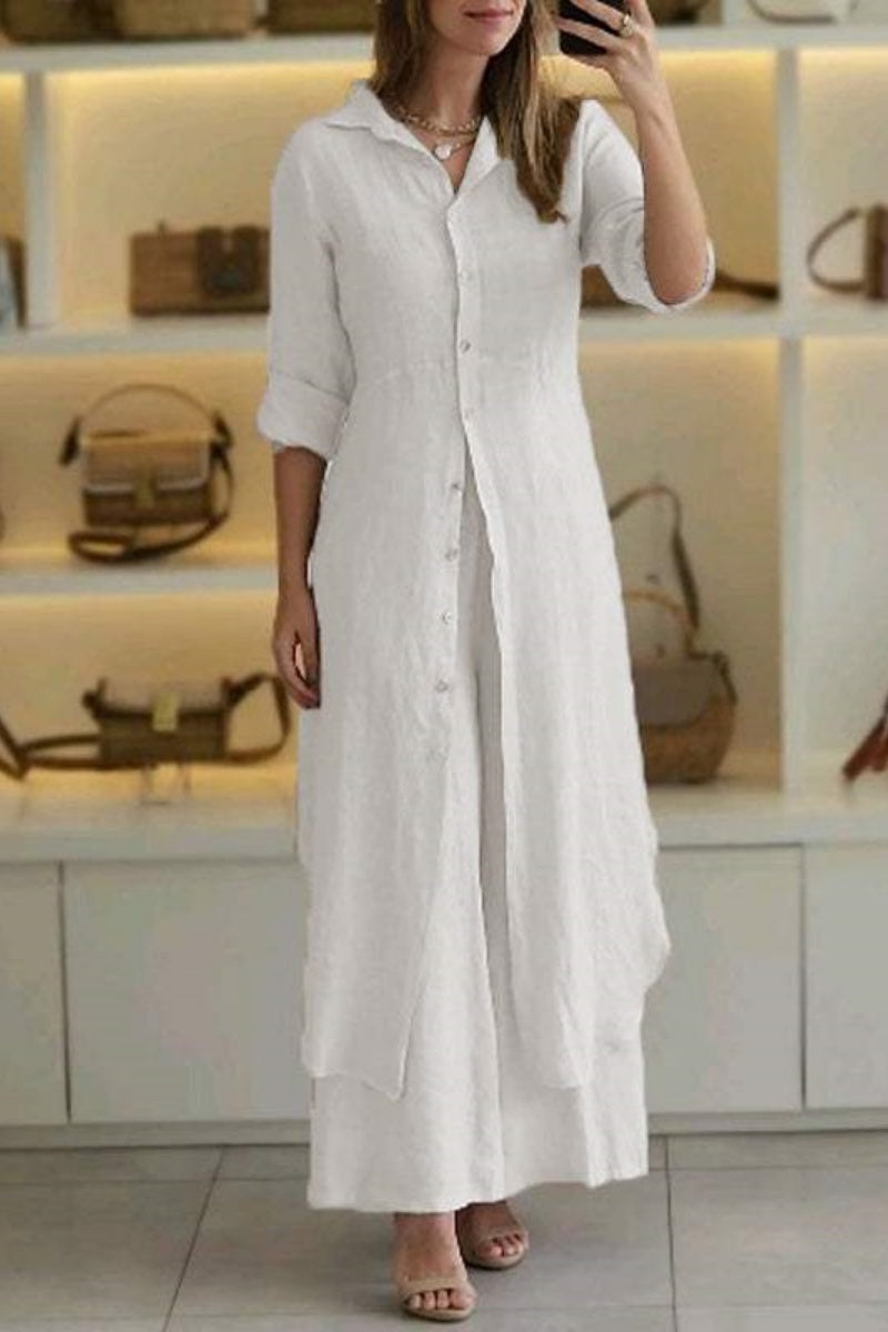 Camisa informal de dos piezas con botones de color liso, cuello alto y manga larga (7 colores)