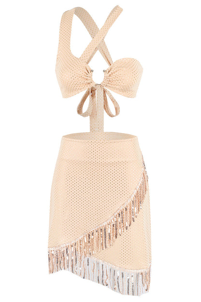 Celebridades - Conjunto de dos piezas con lentejuelas, patchwork, dobladillo con flecos, cuello asimétrico, sin mangas