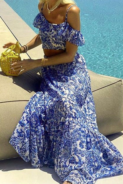 Conjunto informal de dos piezas con estampado floral y volantes de manga corta para vacaciones