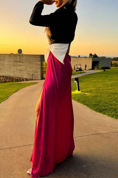 Vestidos largos sexis de patchwork con aberturas y lazos decorados con cuello oblicuo