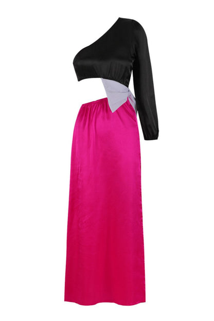 Vestidos largos sexis de patchwork con aberturas y lazos decorados con cuello oblicuo