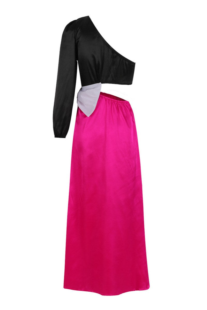 Vestidos largos sexis de patchwork con aberturas y lazos decorados con cuello oblicuo