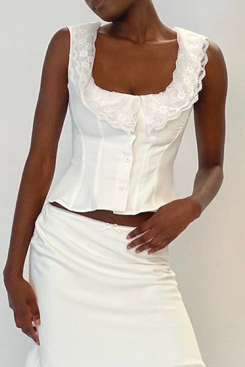 Tops sexys de encaje con cuello en U en color sólido