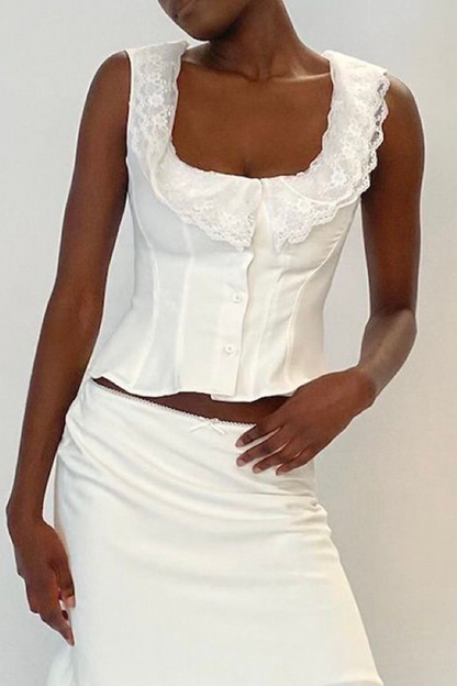 Tops sexys de encaje con cuello en U en color sólido