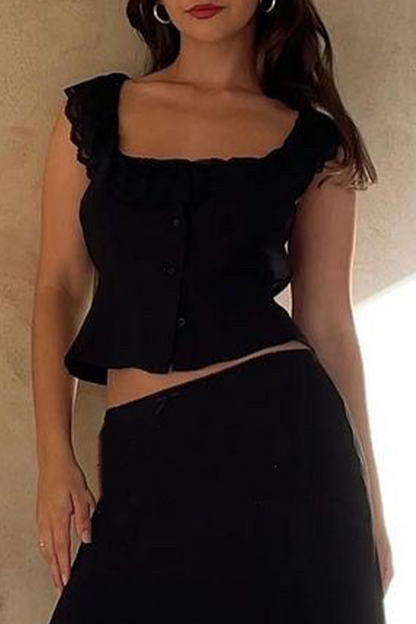 Tops sexys de encaje con cuello en U en color sólido