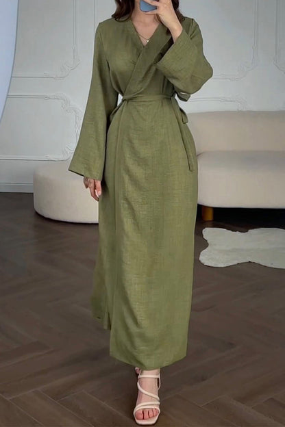 Vestidos casuales de corte A con escote en V y cordones en colores sólidos para uso diario